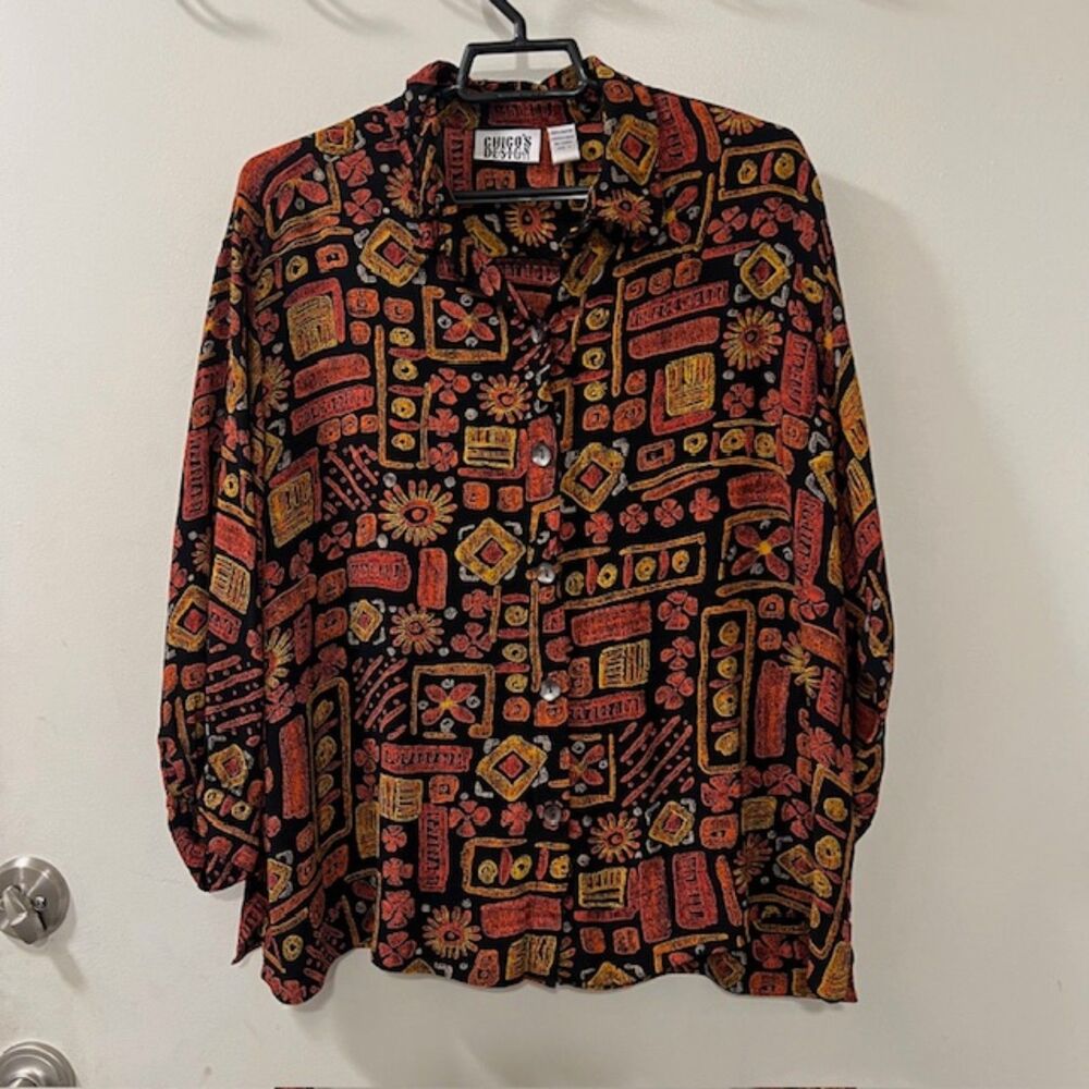 Chicos Design Orange Black 100% Rayon Fiesta Button Front Long Sleeve Top Size 3 - Picture 5 of 11